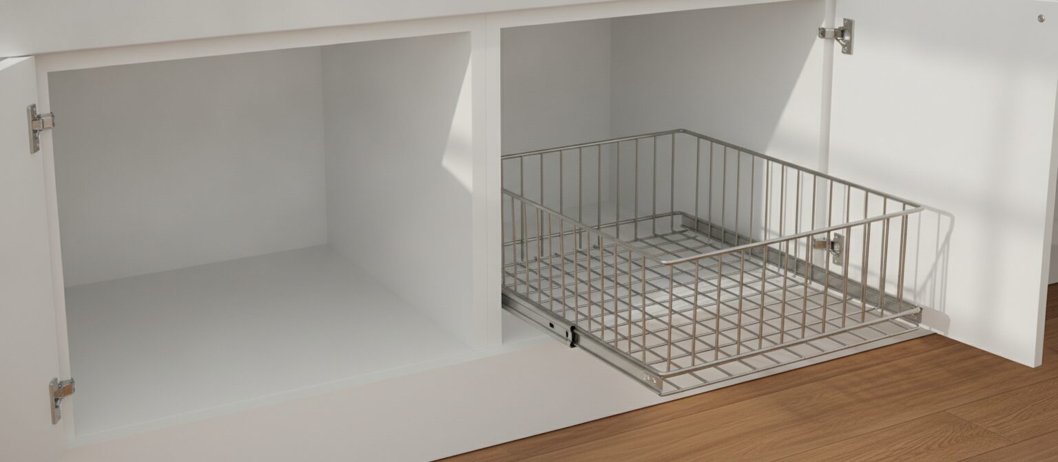 Open bathroom cabinet with an empty metal wire pull-out drawer basket extended on sliding rails