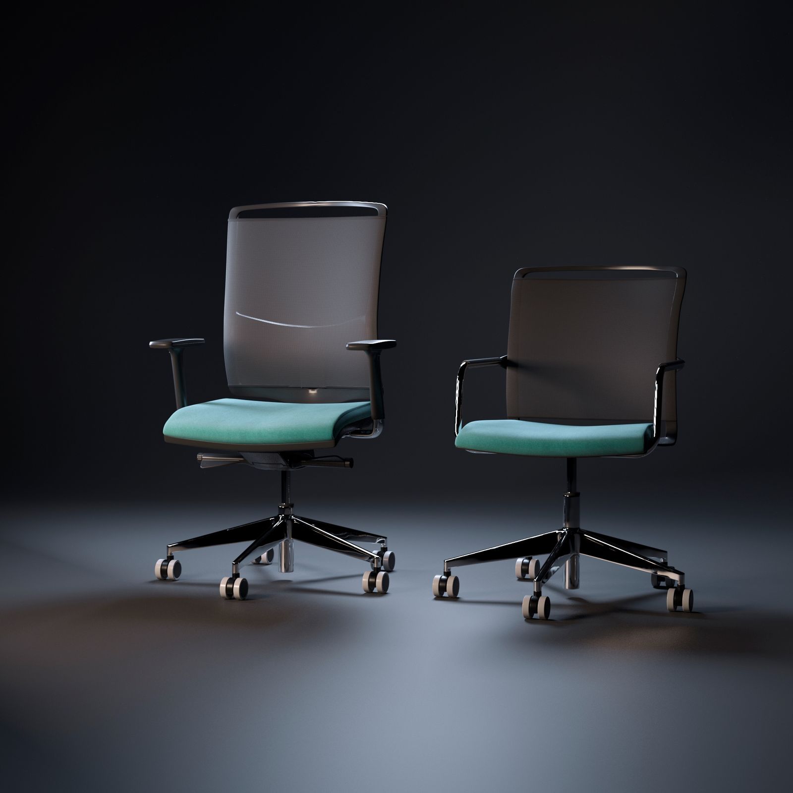 Two mesh-back ergonomic office chairs with wheeled bases against a dark background