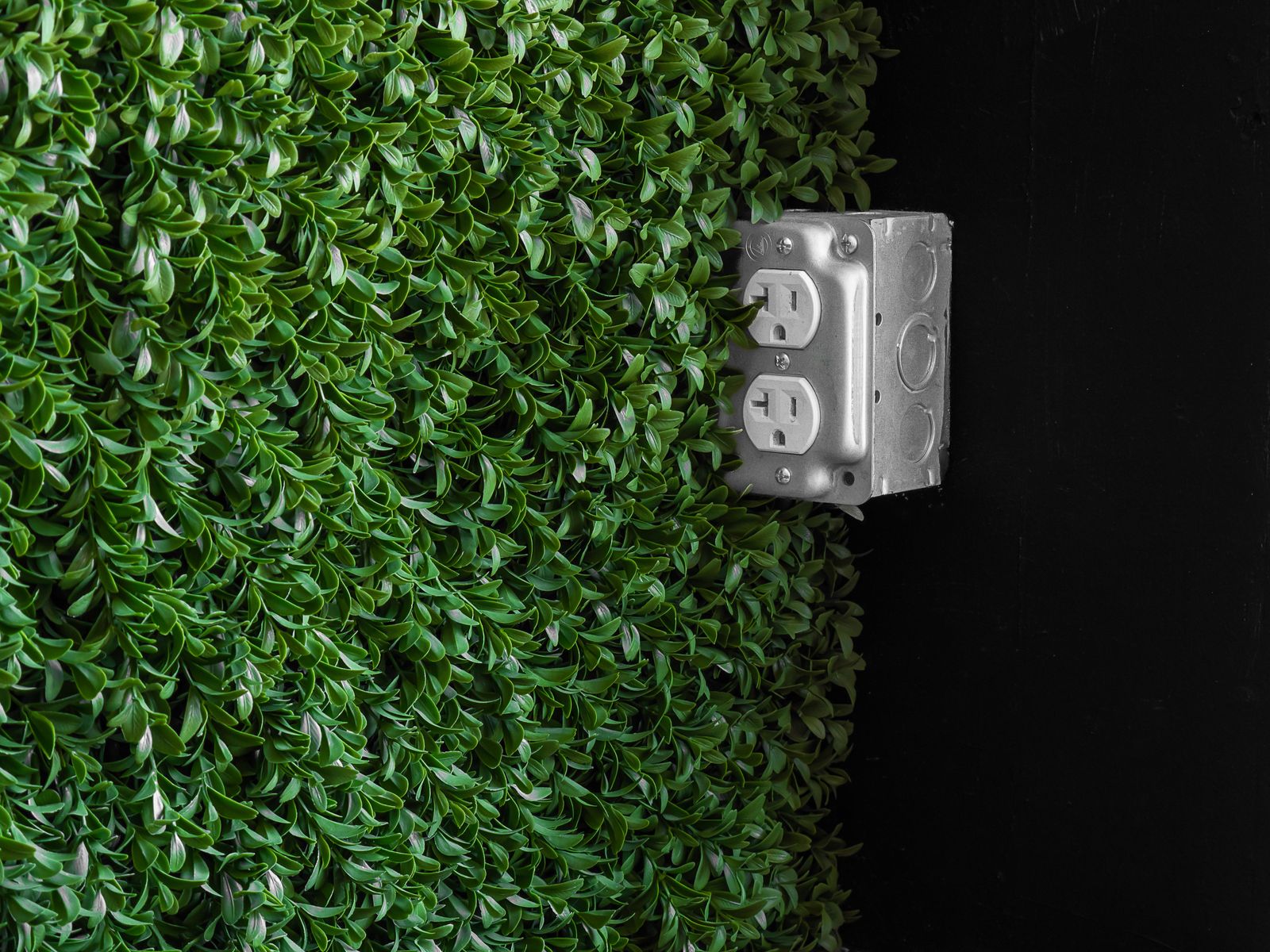 A standard duplex electrical wall outlet mounted in a surface box
