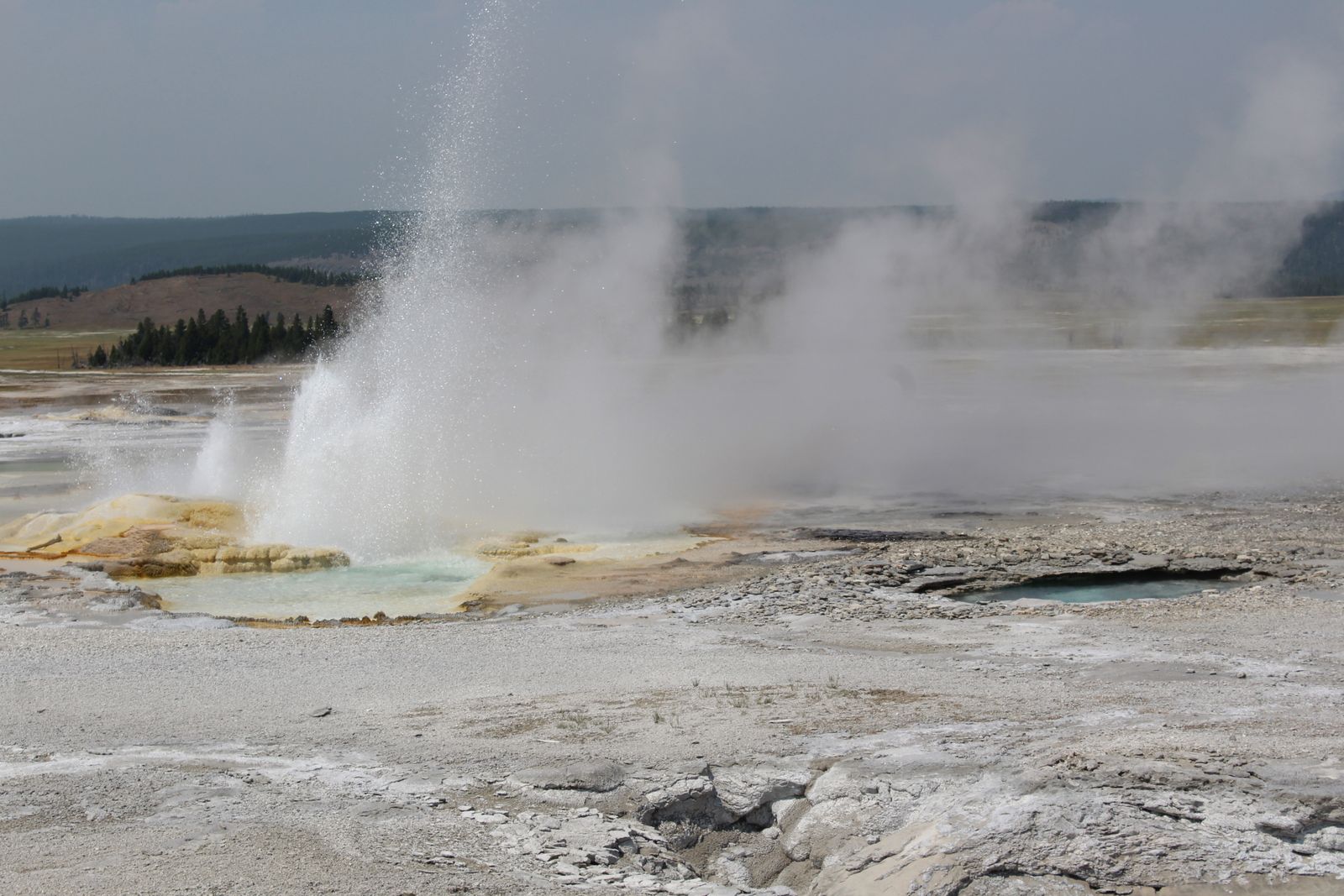 Steam rising from an erupting geyser in Yellowstone National Park