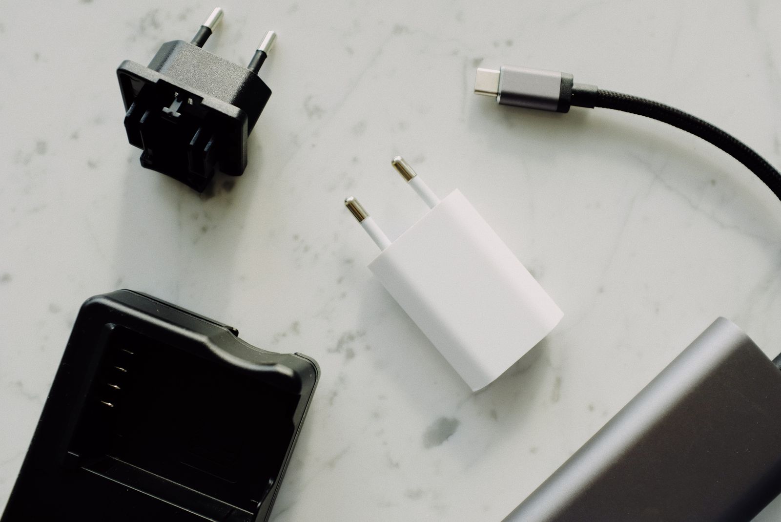 Close-up of USB-C cables and adapters used with docking stations