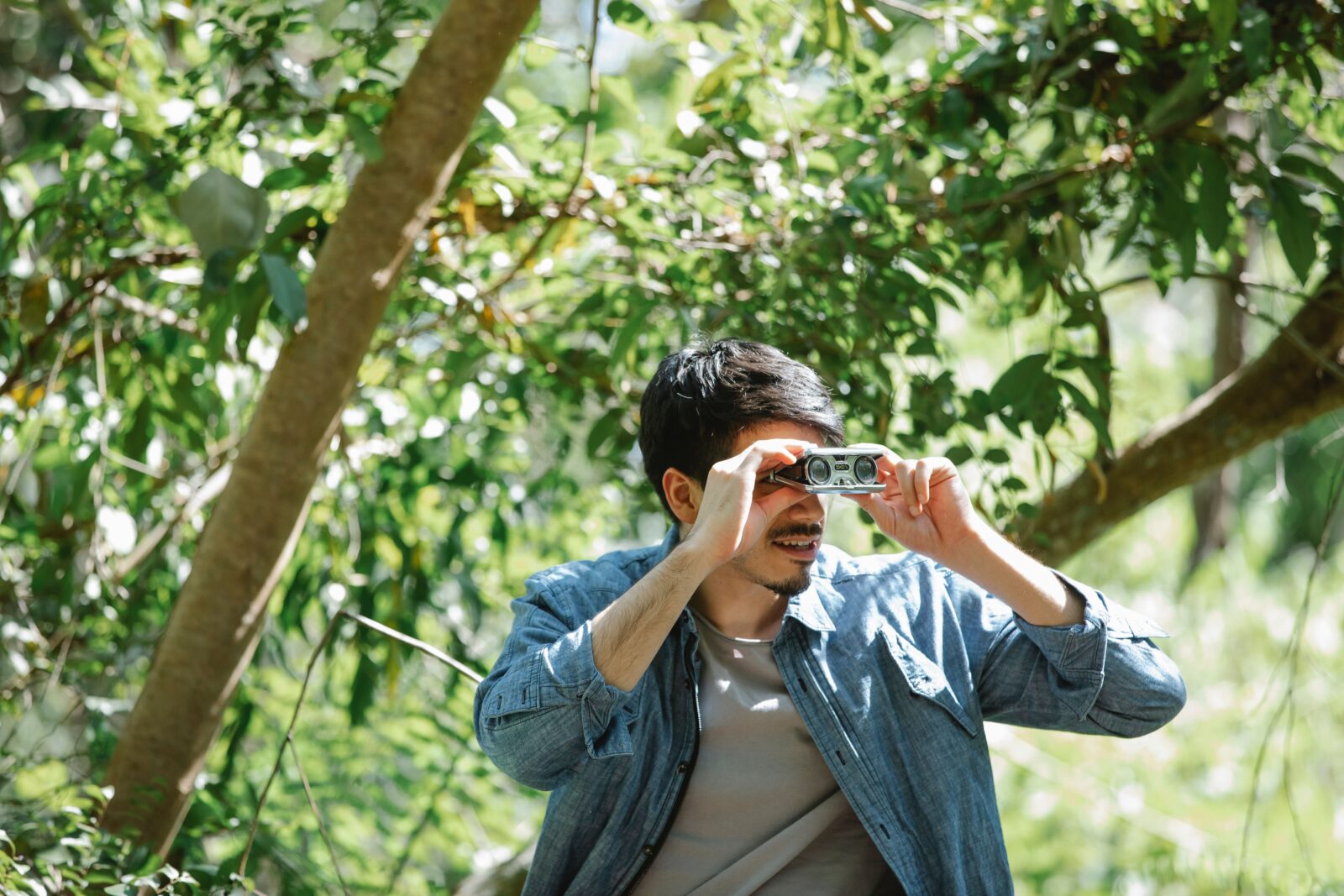 A bearded man uses a compact pair of binoculars in a sunlit green forest.