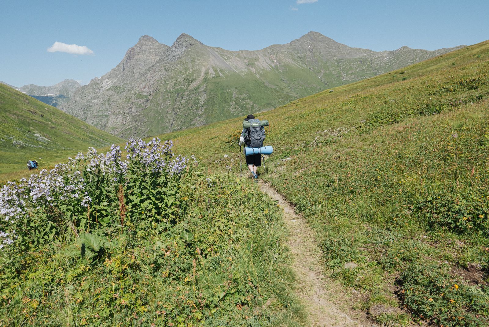 Solo hiker with a backpack walking through an alpine meadow on a multi-day trail, the kind of trip where watch battery life matters most