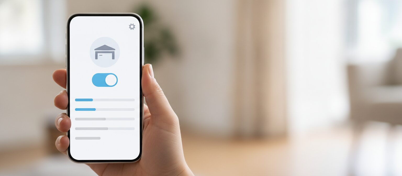 A hand holding a smartphone displaying a generic app interface with a garage door icon and toggle button