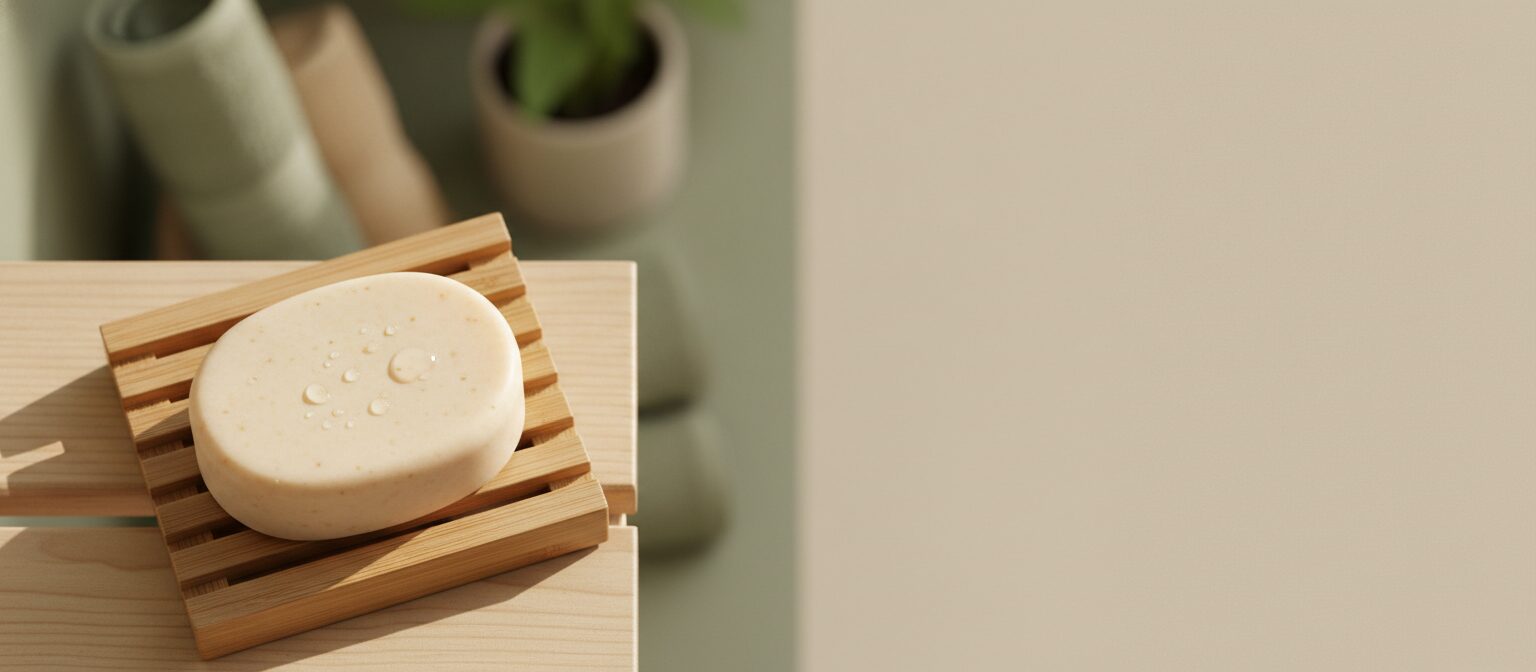 Unlabeled cream-colored shampoo bar with water droplets resting on a ridged bamboo soap dish in a minimalist bathroom