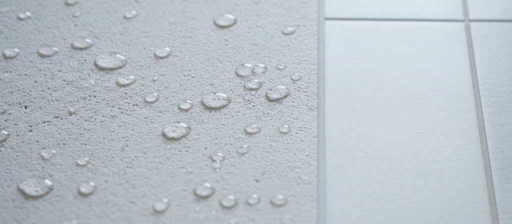 Water droplets beading on a textured anti-slip surface next to smooth ceramic tile