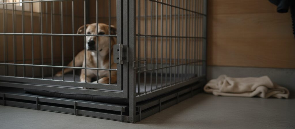 A calm medium-large dog resting inside a heavy-duty steel crate with a paddle latch