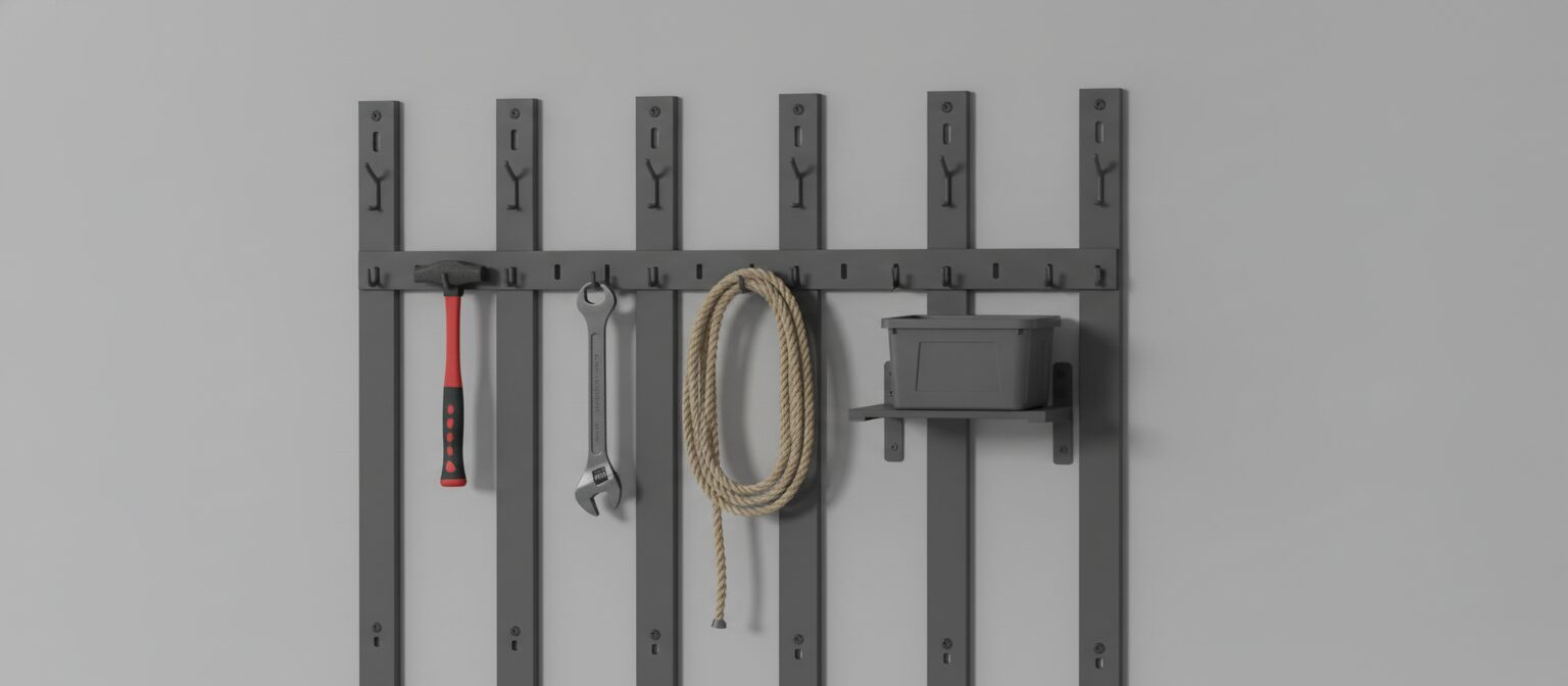 Garage wall fitted with a slotted track panel system holding hooks and hand tools