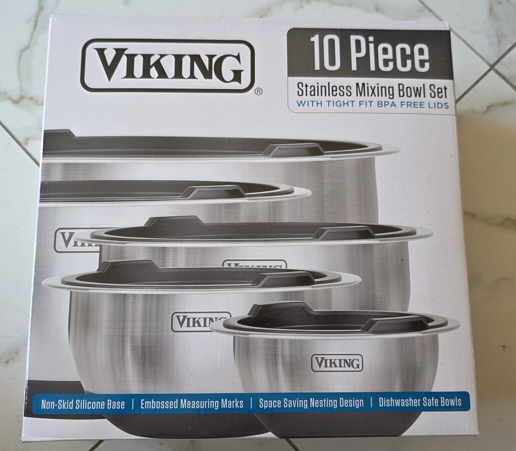 Viking 10 Piece Stainless Mixing Bowl Set retail box showing five bowls with tight-fit BPA-free lids