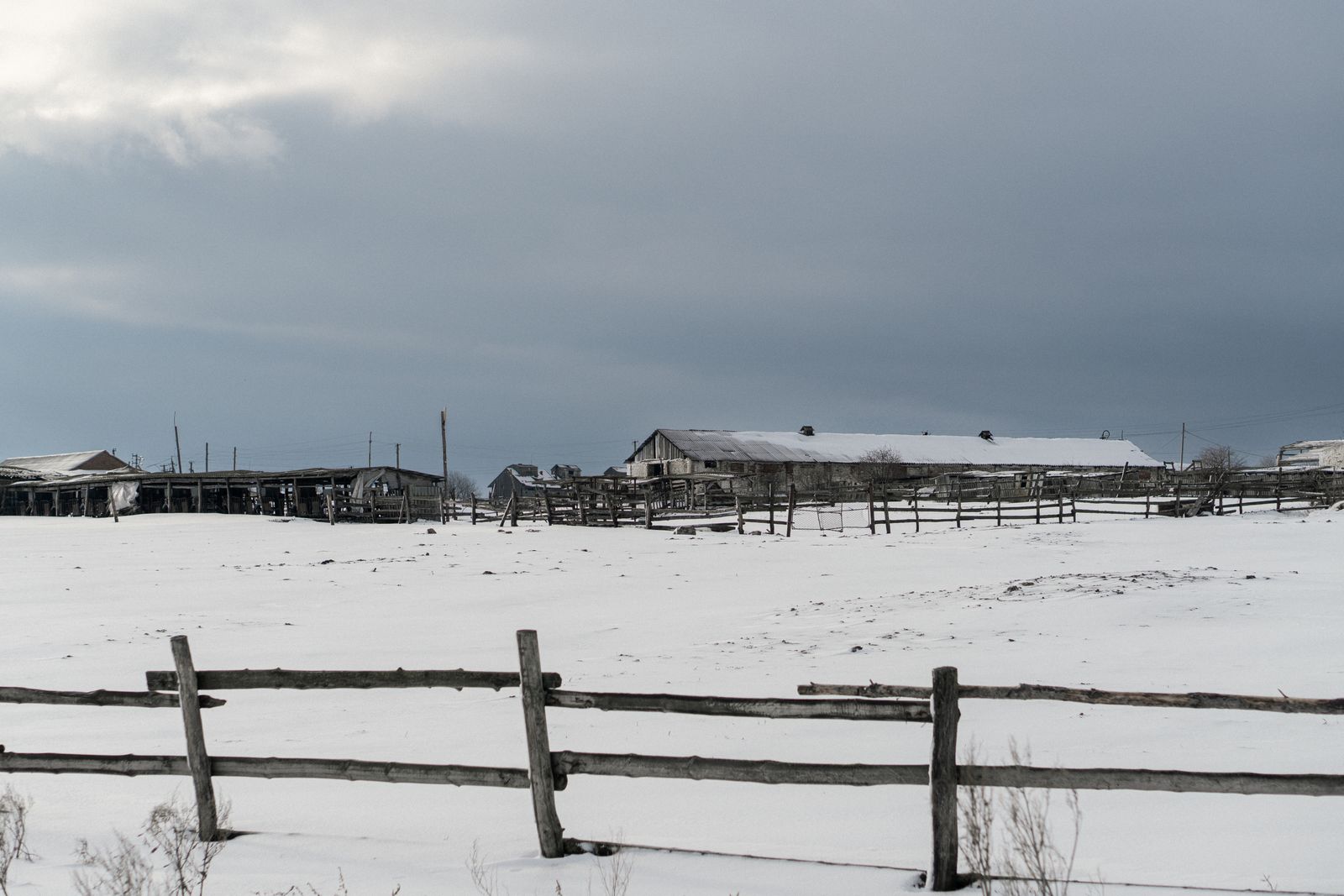 Snow-covered farm field with a wooden rail fence and barns under a gray winter sky