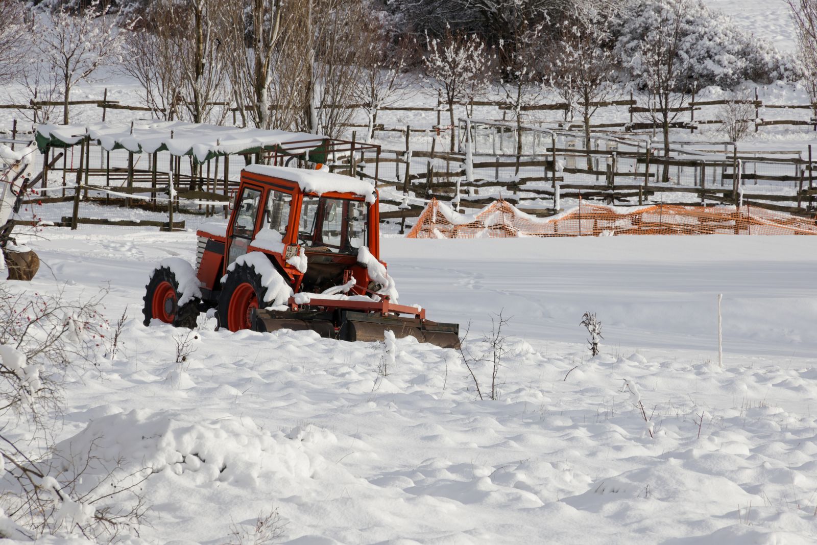 Red tractor with a front blade sitting in deep snow beside a wooden fence and bare trees